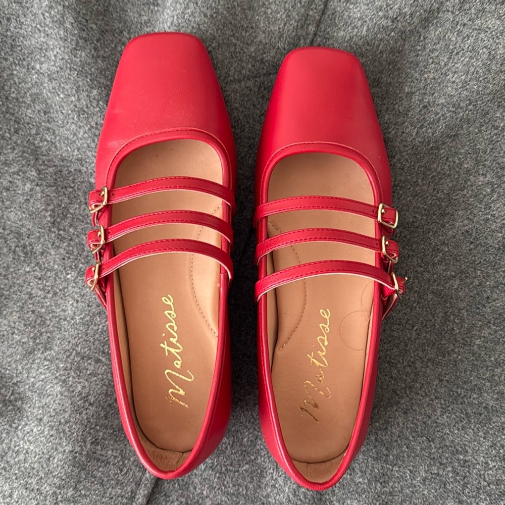 Matisse Red Triple-Strap Mary Jane Flats